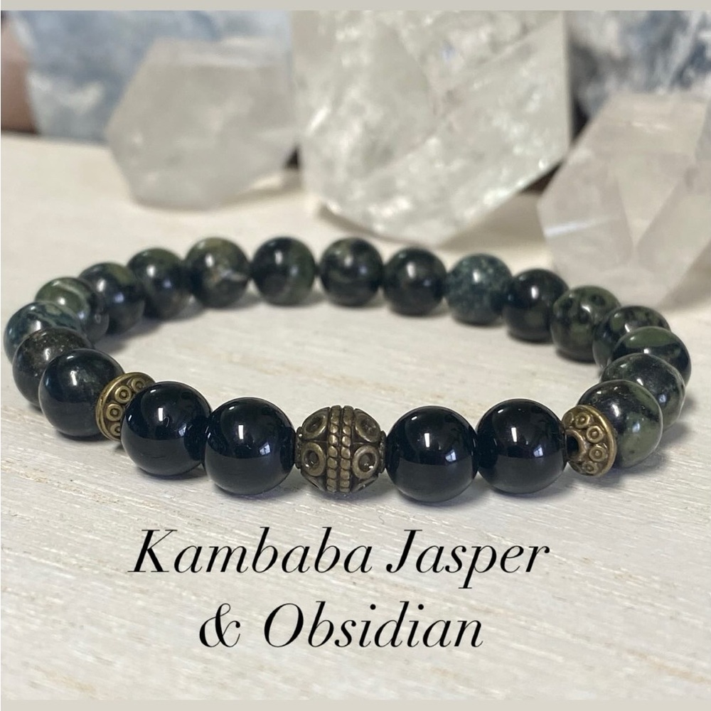 2/&40 - Obsidian & Kambaba Jasper Gemstone Stretch Bracelet - Unisex - 8mm